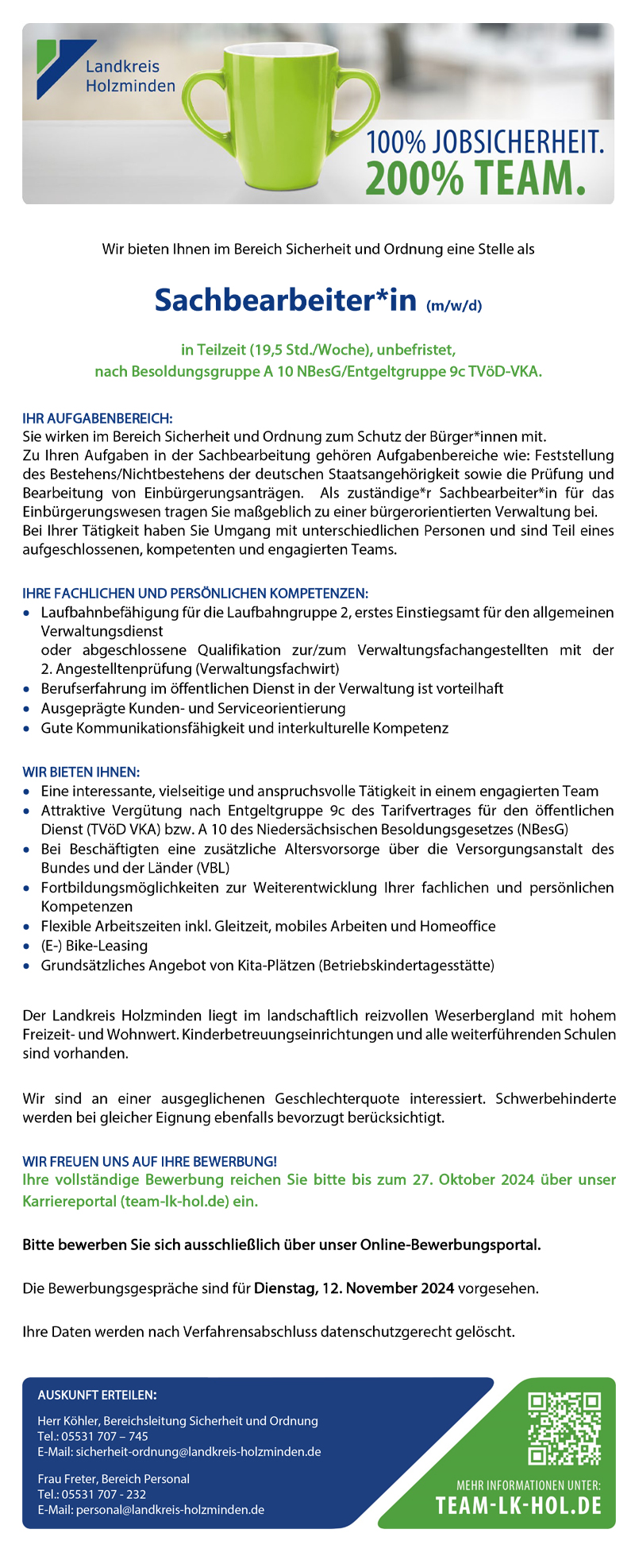 Sachbearbeiter/in (m/w/d) im Bereich Sicherheit und Ordnung EG 9c - Landkreis Holzminden 