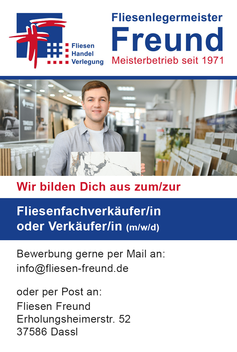 Wir bilden dich aus zum/zur  Fliesenfachverkäufer/in  oder Verkäufer/in (m/w/d) - Fliesen Freund Dassel