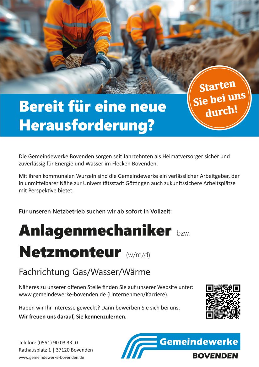 Anlagenmechaniker / Netzmonteur (w/m/d) - Gemeindewerke Bovenden GmbH & Co. KG