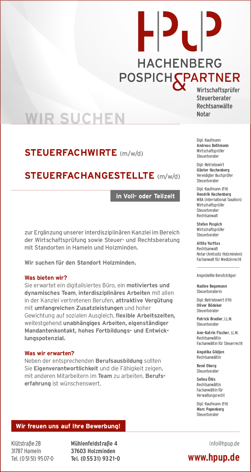 Steuerfachwirte, Steuerfachangestellte & Rechtsanwalts- und Notarfachangestellte (m/w/d) - Hachenberg, Pospich & Partner Holzminden