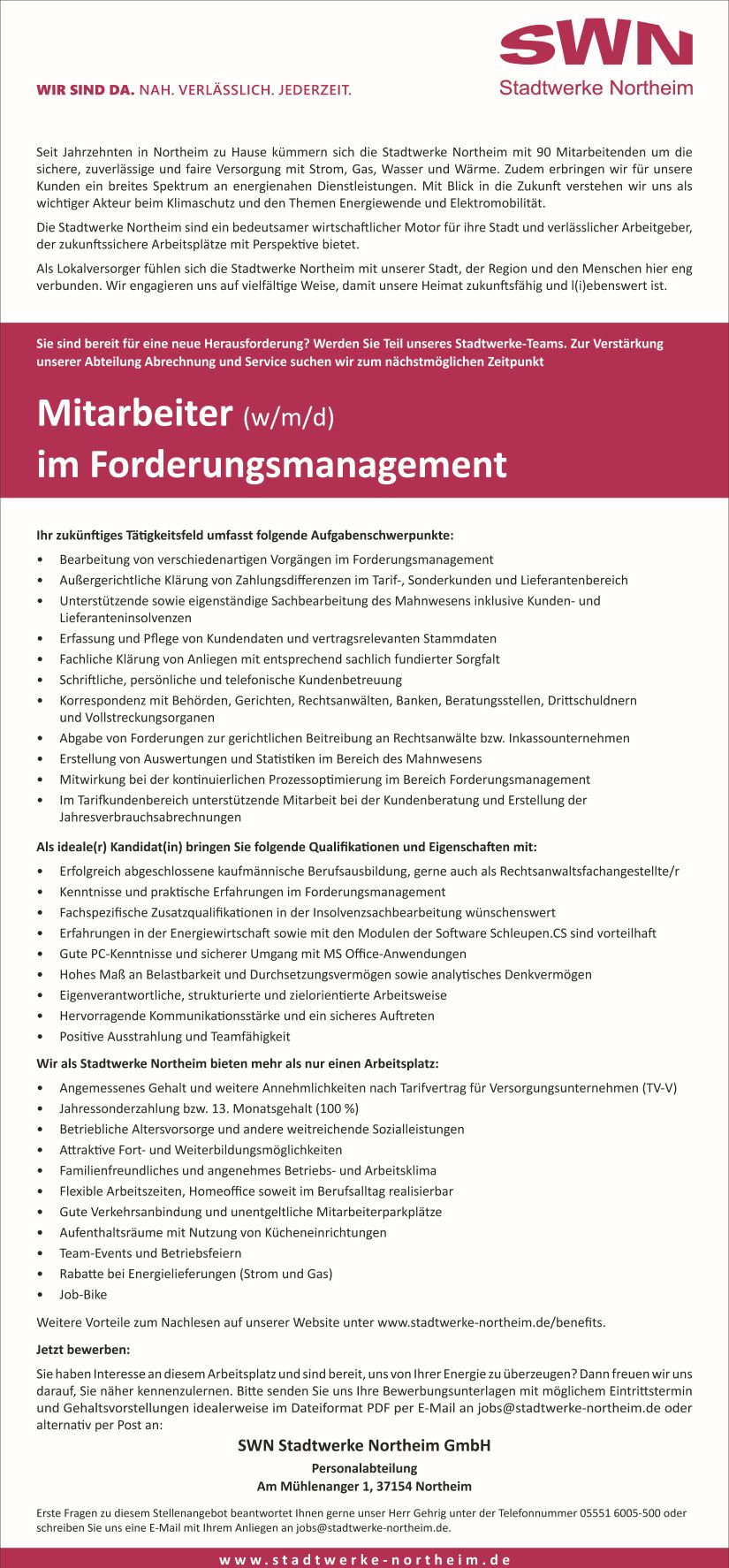 Mitarbeiter (w/m/d) im Forderungsmanagement - SWN Stadtwerke Northeim GmbH