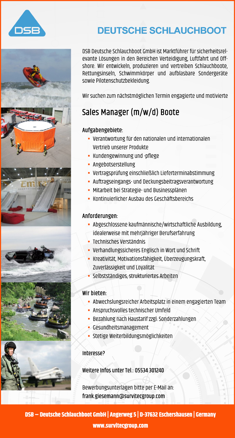 Sales Manager (m/w/d) Boote - DSB - Deutsche Schlauchboot GmbH 