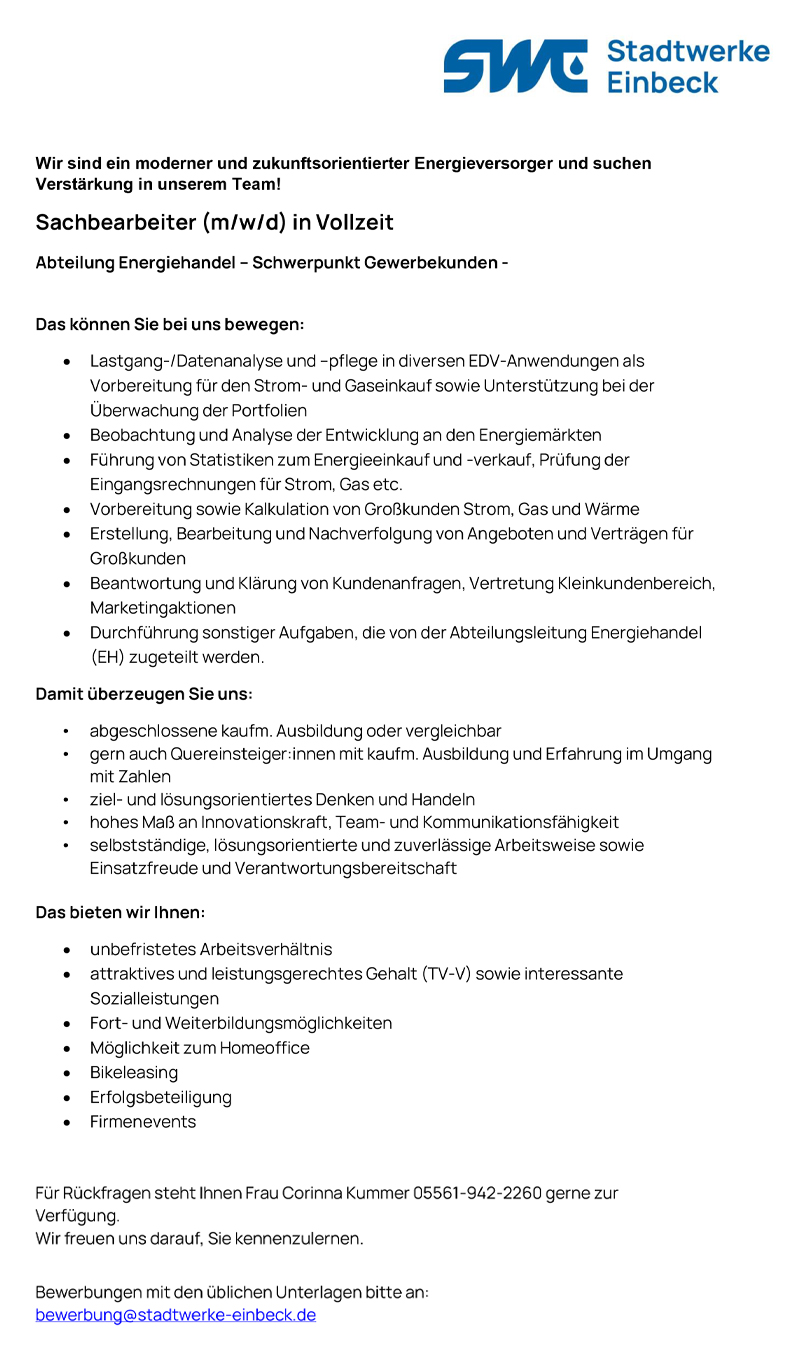 Sachbearbeiter/in (m/w/d) Abteilung Energiehandel - Stadtwerke Einbeck GmbH