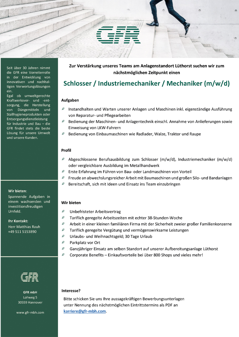 Schlosser/in, Industriemechaniker/in, Mechaniker/in (m/w/d) für den Standort Lüthorst - GFR mbH