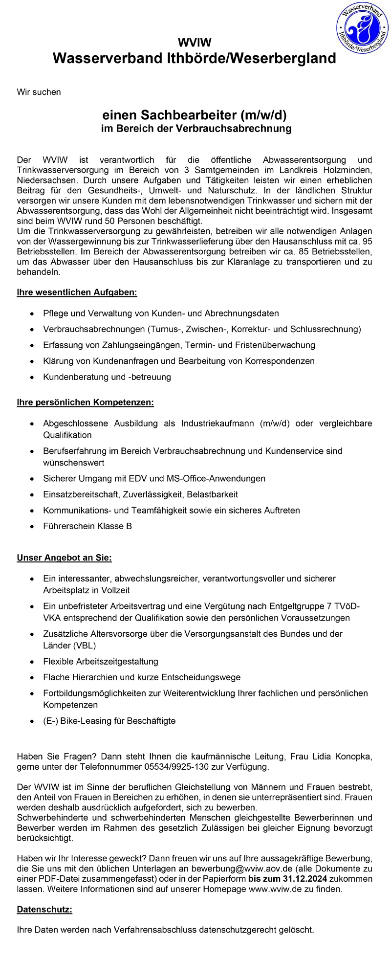 Sachbearbeiter/in (m/w/d) im Bereich der Verbrauchsabrechnung - WVIW Wasserverband Ithbörde/Weserbergland