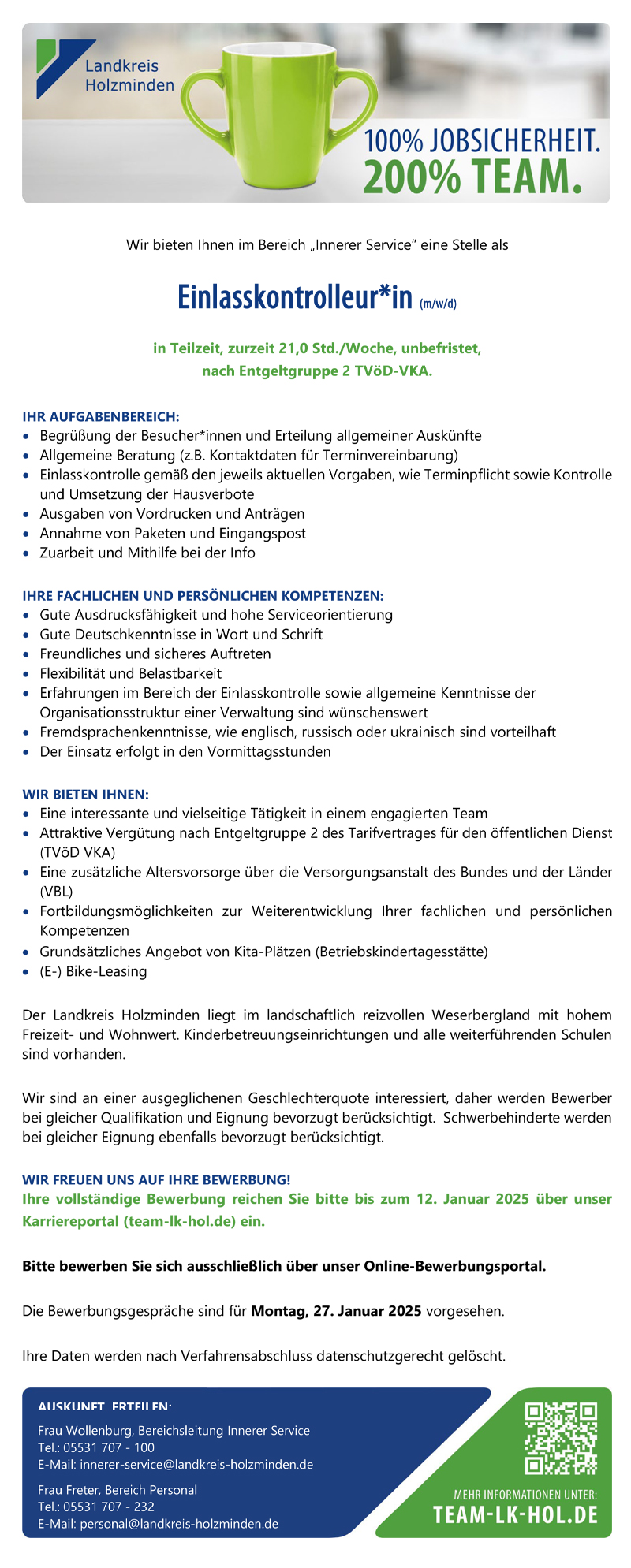 Einlasskontrolleur/in (m/w/d) im Bereich Innerer Service - Landkreis Holzminden