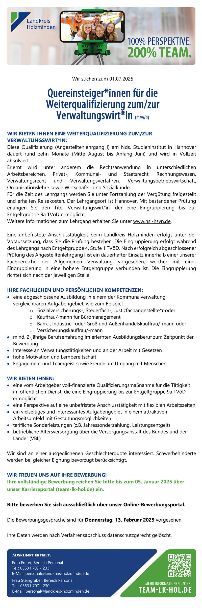 Quereinsteiger/innen für die Weiterqualifizierung zum/zur Verwaltungswirt/in (m/w/d) -  Landkreis Holzminden 