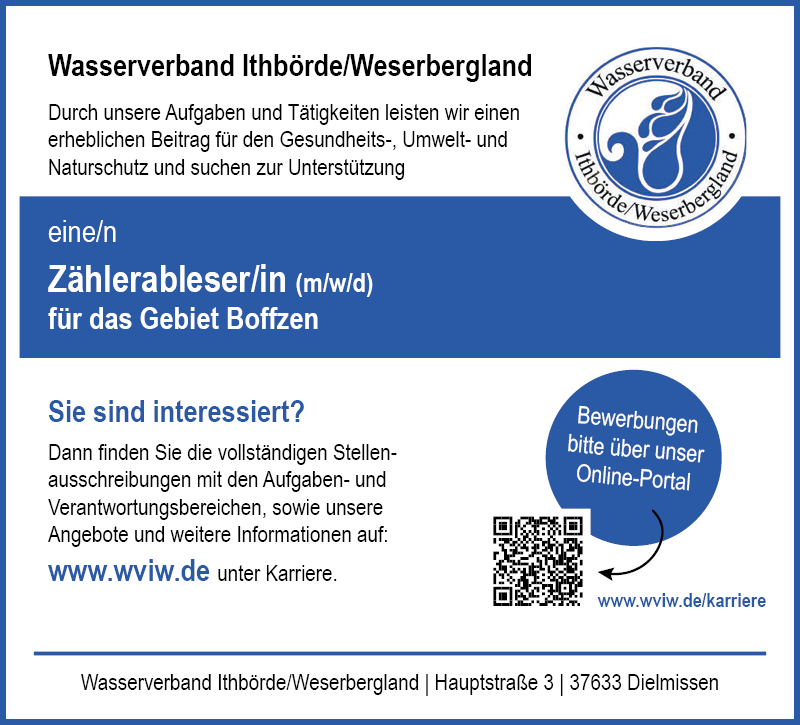 Zählerableser/in für das Gebiet Bodenwerder-Polle (m/w/d) - WVIW Wasserverband Ithbörde/Weserbergland 