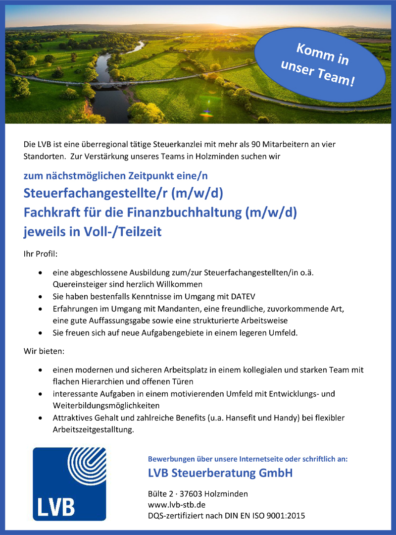 Steuerfachangestellte/r (m/w/d) / Fachkraft für Finanzbuchhaltung (m/w/d) - LVB Steuerberatungsgesellschaft mbH