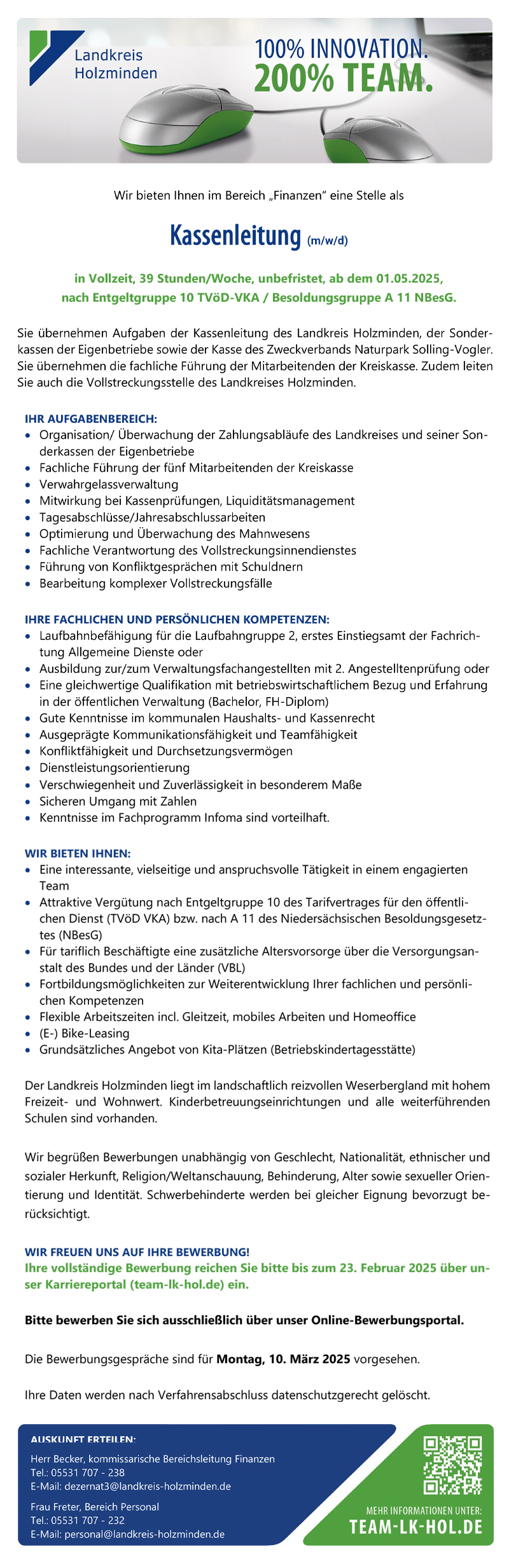 Kassenleitung (m/w/d) im Bereich Finanzen - Landkreis Holzminden