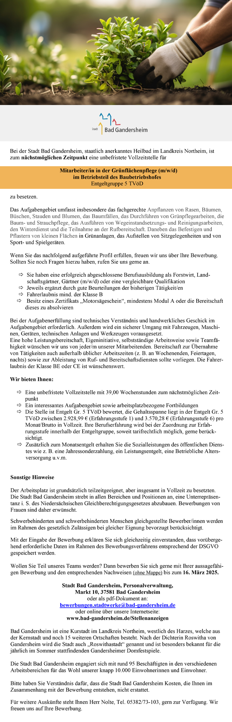 Mitarbeiter/in in der Grünflächenpflege (m/w/d) im Betriebsteil des Baubetriebshofes - Stadt Bad Gandersheim