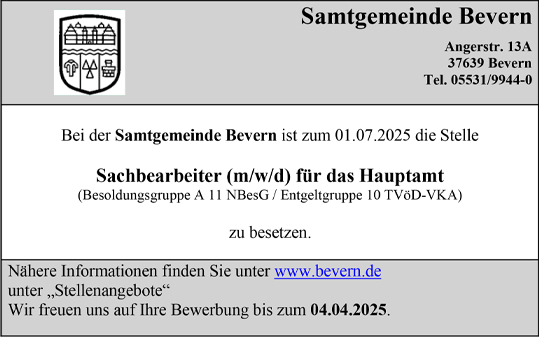 Sachbearbeiter/in (m/w/d) für das Hauptamt - Samtgemeinde Bevern