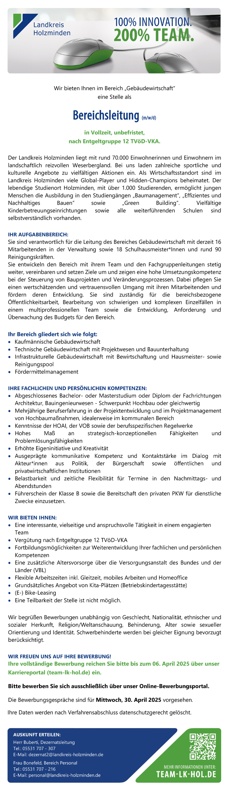 Bereichsleitung (m/w/d) im Bereich Gebäudewirtschaft - Landkreis Holzminden