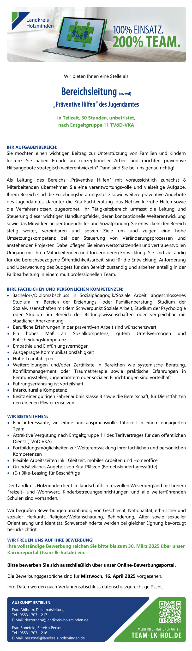 Bereichsleitung (m/w/d) Präventive Hilfen des Jugendamtes - Landkreis Holzminden