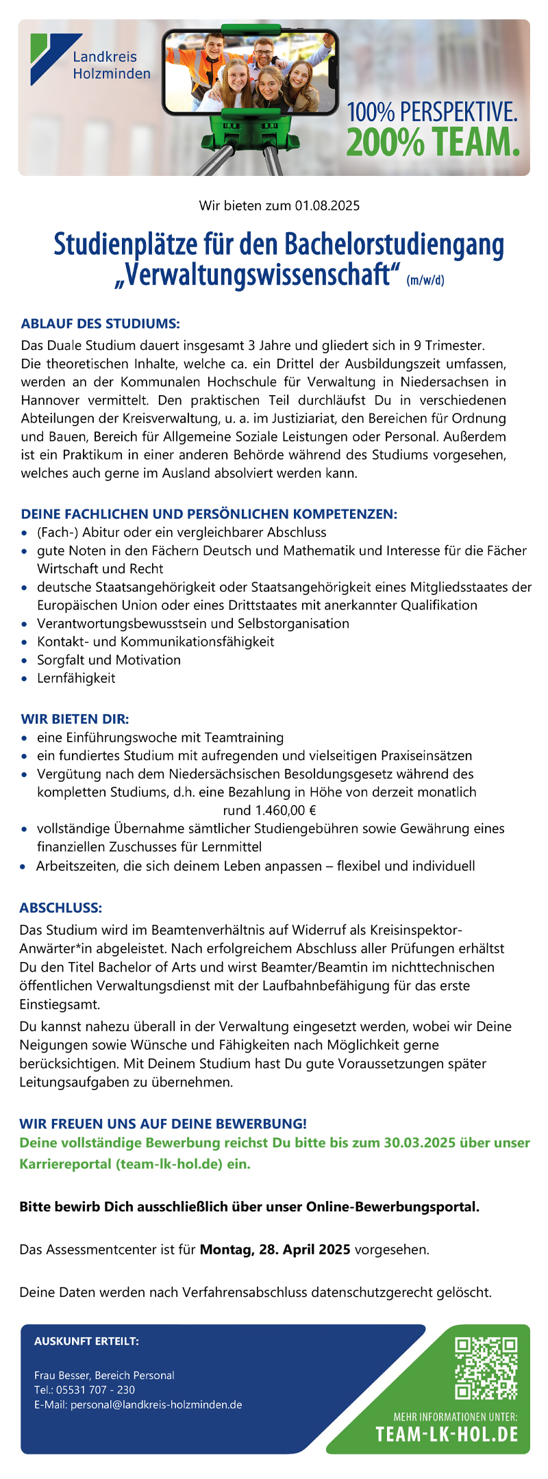 Studienplätze für den Bachelorstudiengang Verwaltungswissenschaft (m/w/d) - Landkreis Holzminden