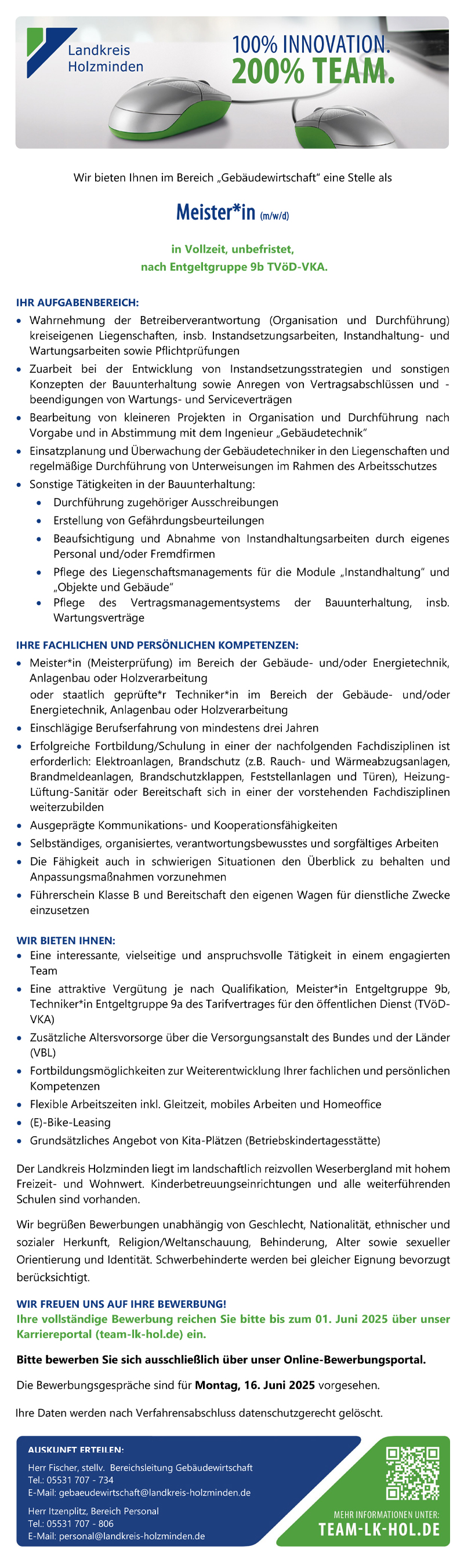 Meister/in (m/w/d) im Bereich Gebäudewirtschaft - Landkreis Holzminden 