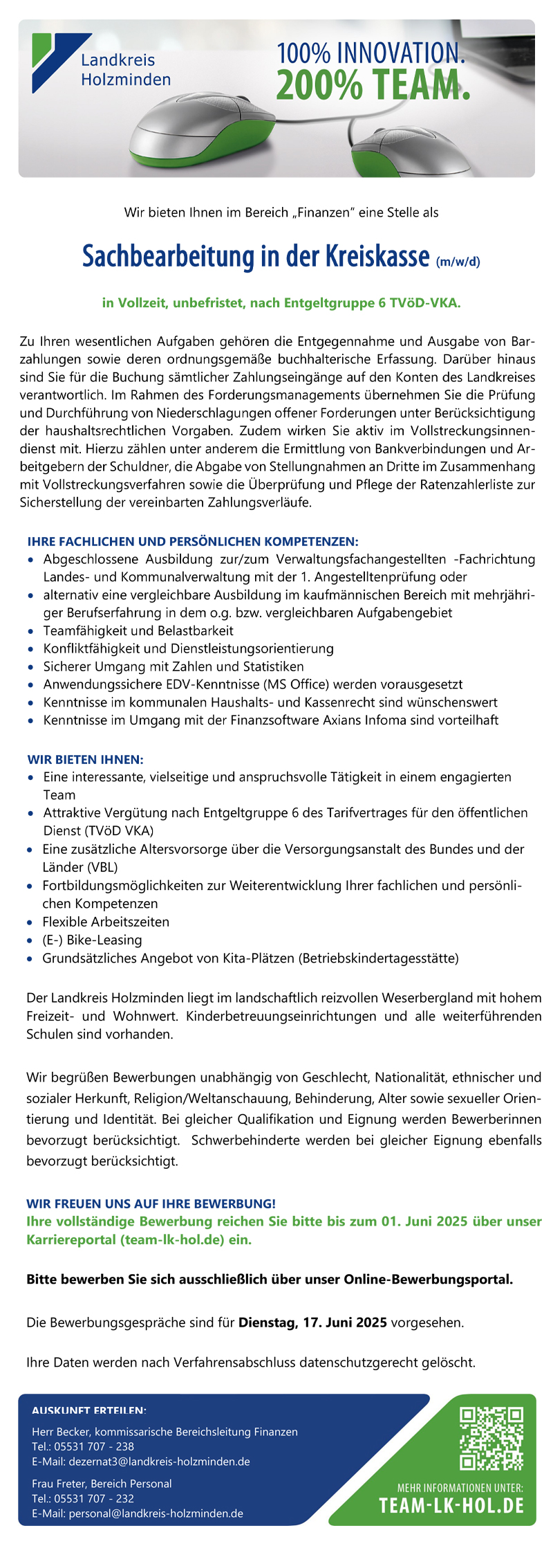 Sachbearbeitung in der Kreiskasse (m/w/d) - Landkreis Holzminden 