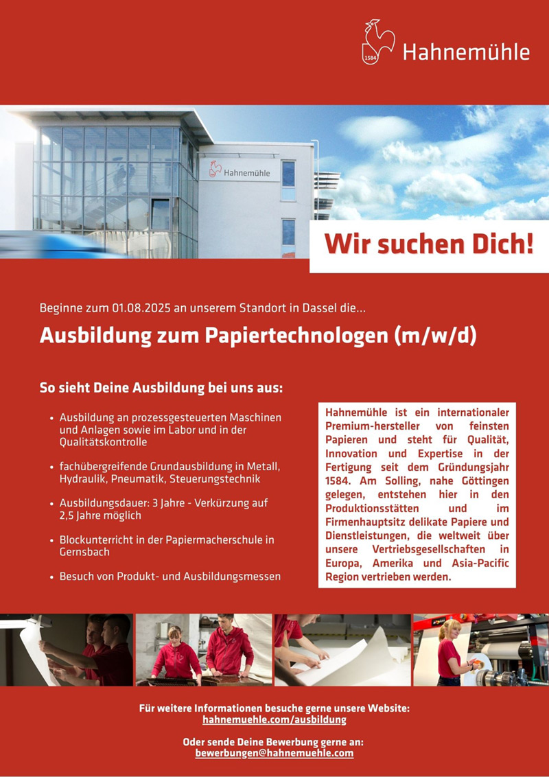 Ausbildung zum Papiertechnologen/in (m/w/d) - Hahnemühle FineArt GmbH
