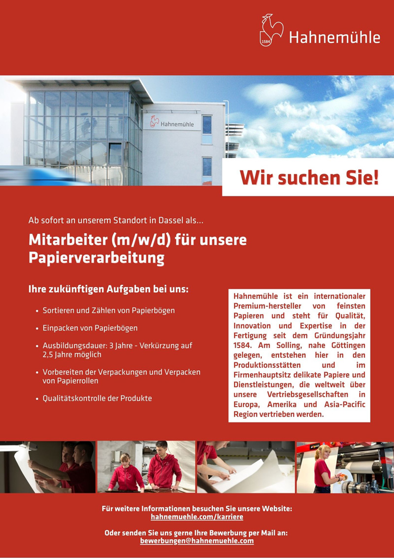 Mitarbeiter/in (m/w/d) für unsere Papierverarbeitung - Hahnemühle FineArt GmbH