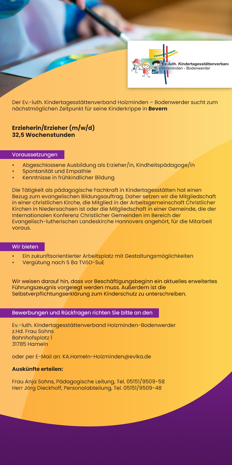 Erzieherin / Erzieher für die Kinderkrippe in Bevern (m/w/d) - Kirchenkreis Holzminden-Bodenwerder