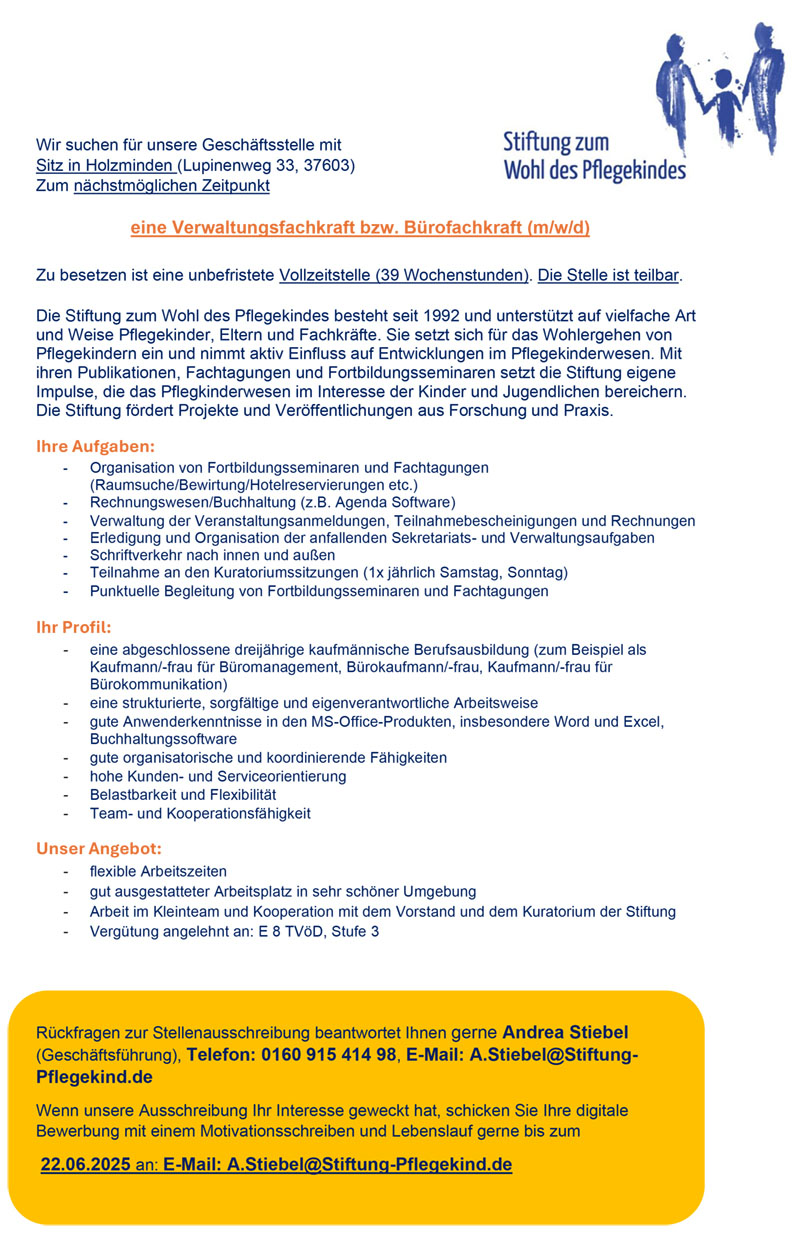Verwaltungsfachkraft / Bürokraft (m/w/d) - Stiftung zum Wohl des Pflegekindes