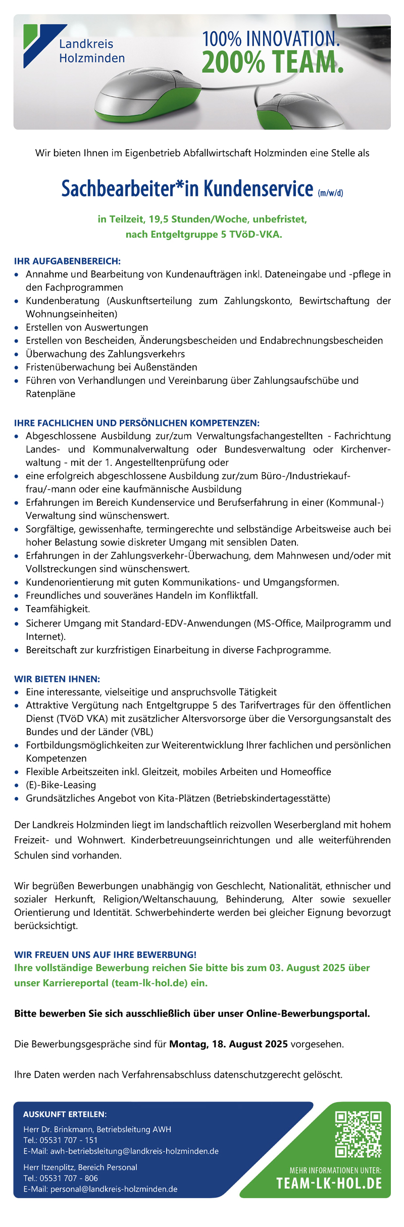 Sachbearbeiter/in Kundenservice (m/w/d) - Landkreis Holzminden
