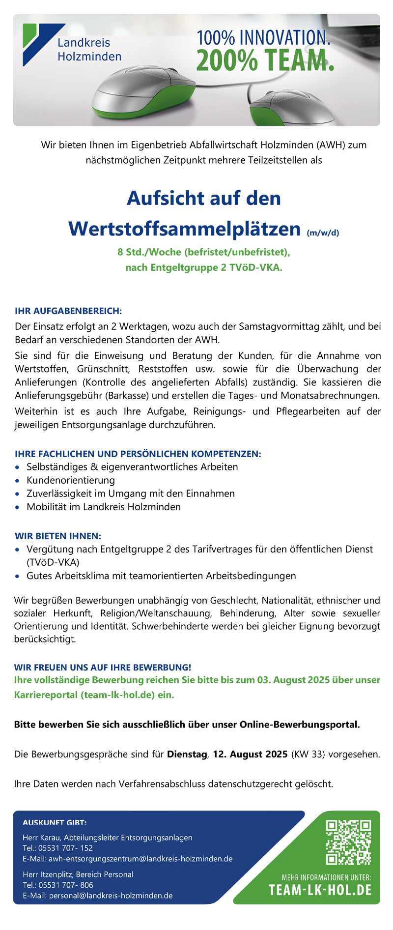 Aufsicht auf den Wertstoffsammelplätzen (m/w/d) - Landkreis Holzminden