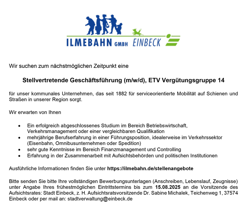 Stellvertretende Geschäftsführung (m/w/d) - Ilmebahn GmbH Einbeck 