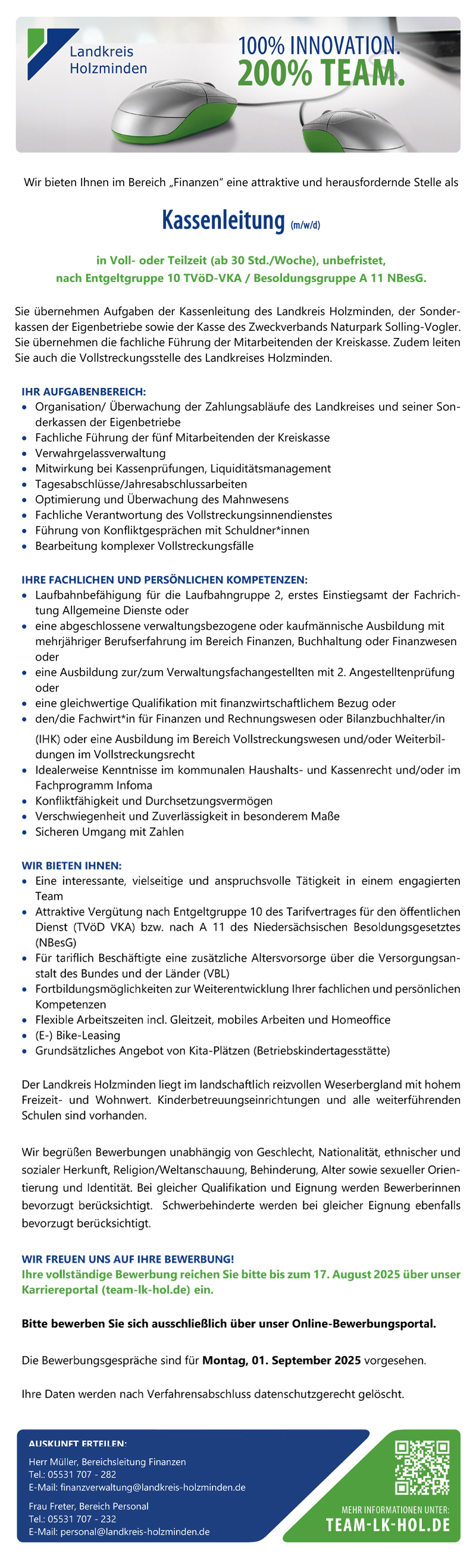 Kassenleitung (m/w/d) im Bereich Finanzen -  Landkreis Holzminden 