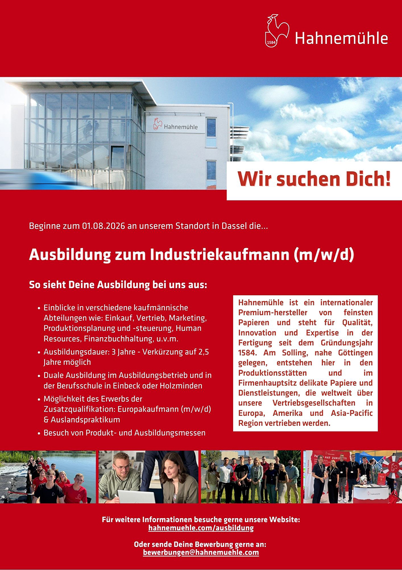 Ausbildung zum/zur Industriekaufmann/-frau (m/w/d) Start 01.08.2026 - Hahnemühle FineArt GmbH