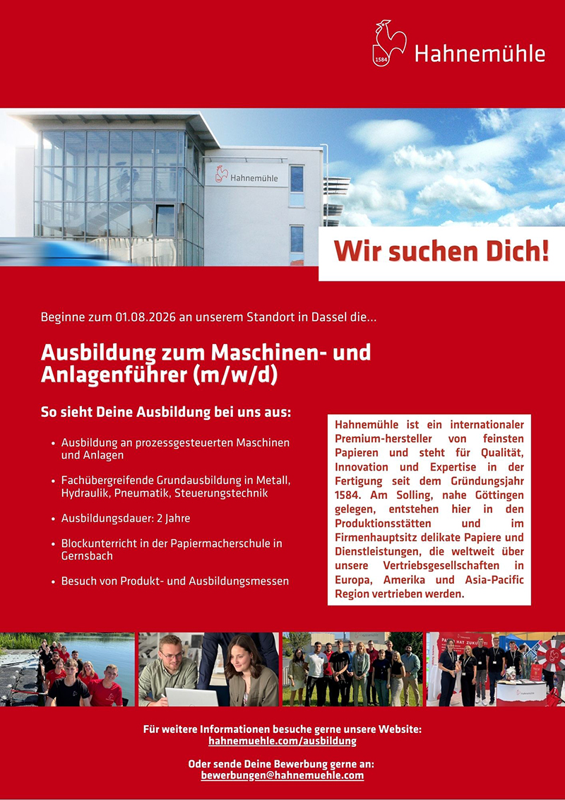 Ausbildung zum/zur Maschinen- und Anlagenführer/in (m/w/d) Start 01.08.2026 - Hahnemühle FineArt GmbH
