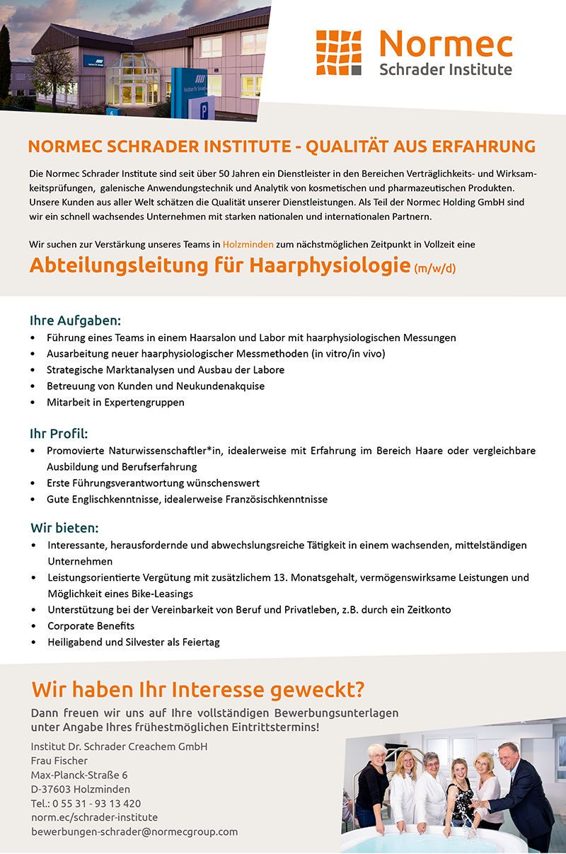 Abteilungsleitung für Haarphysiologie (m/w/d) - Normec Schrader Institute