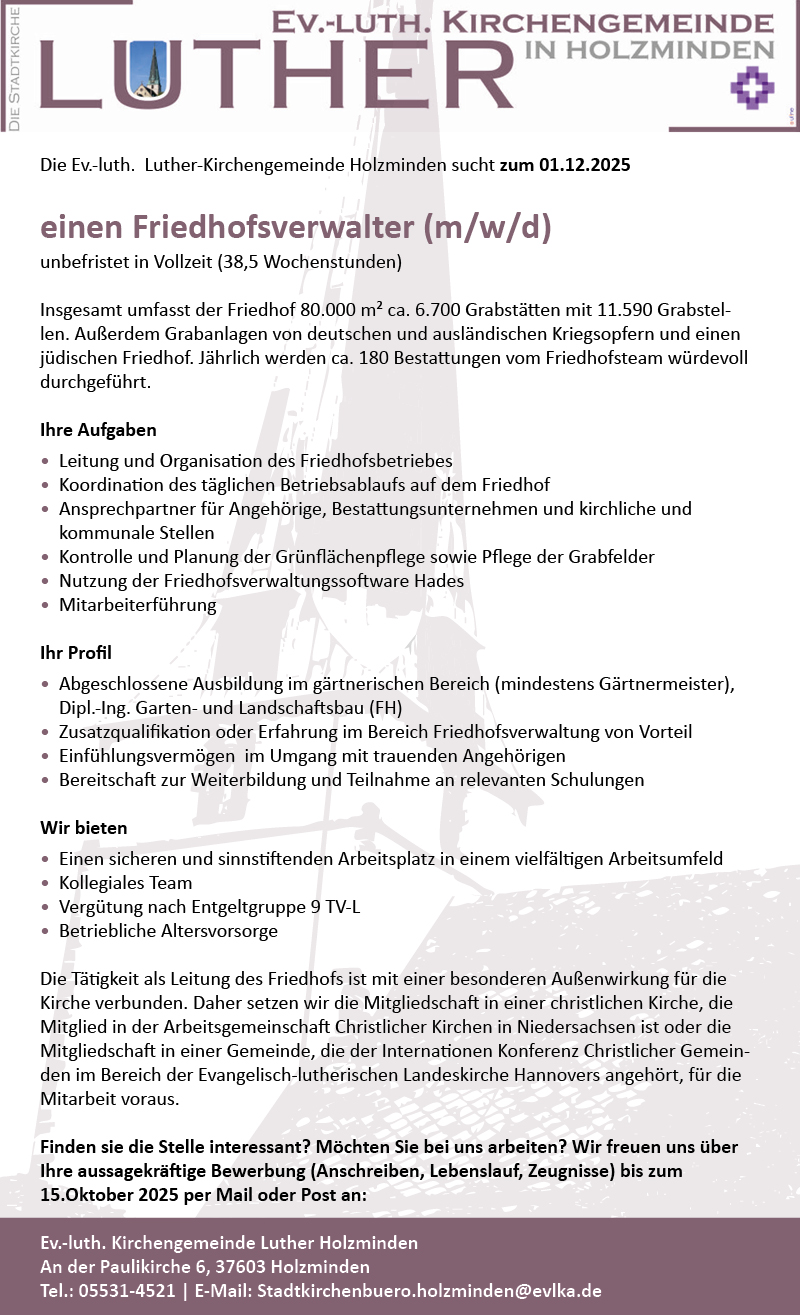 Friedhofsverwalter/in (m/w/d) - ev.-luth. Kirchengemeinde Luther in Holzminden 