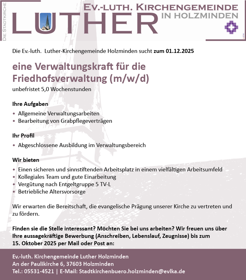Verwaltungskraft für die Friedhofsverwaltung (m/w/d) - ev.-luth. Kirchengemeinde Luther in Holzminden 