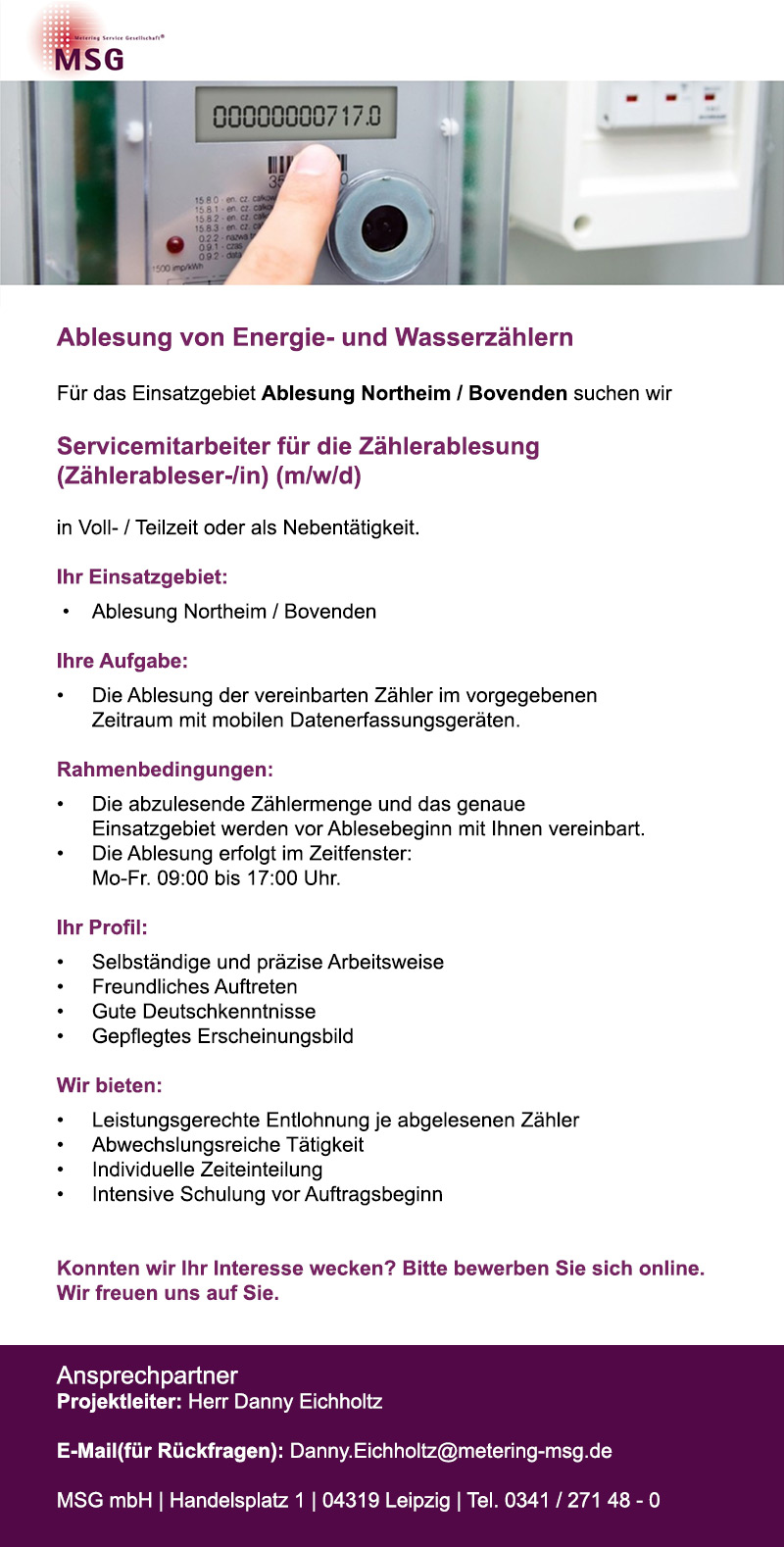 Servicemitarbeiter/in für die Zählerablesung (m/w/d) - MSG mbH 