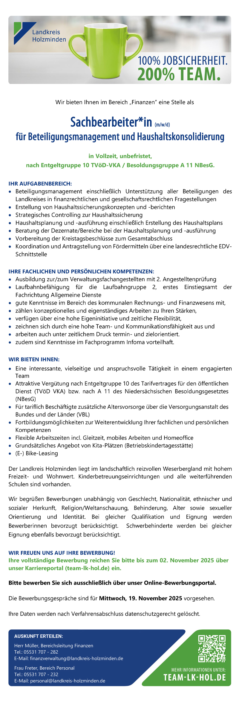 Sachbearbeiter/in für Beteiligungsmanagement und Haushaltskonsolidierung (m/w/d) - Landkreis Holzminden