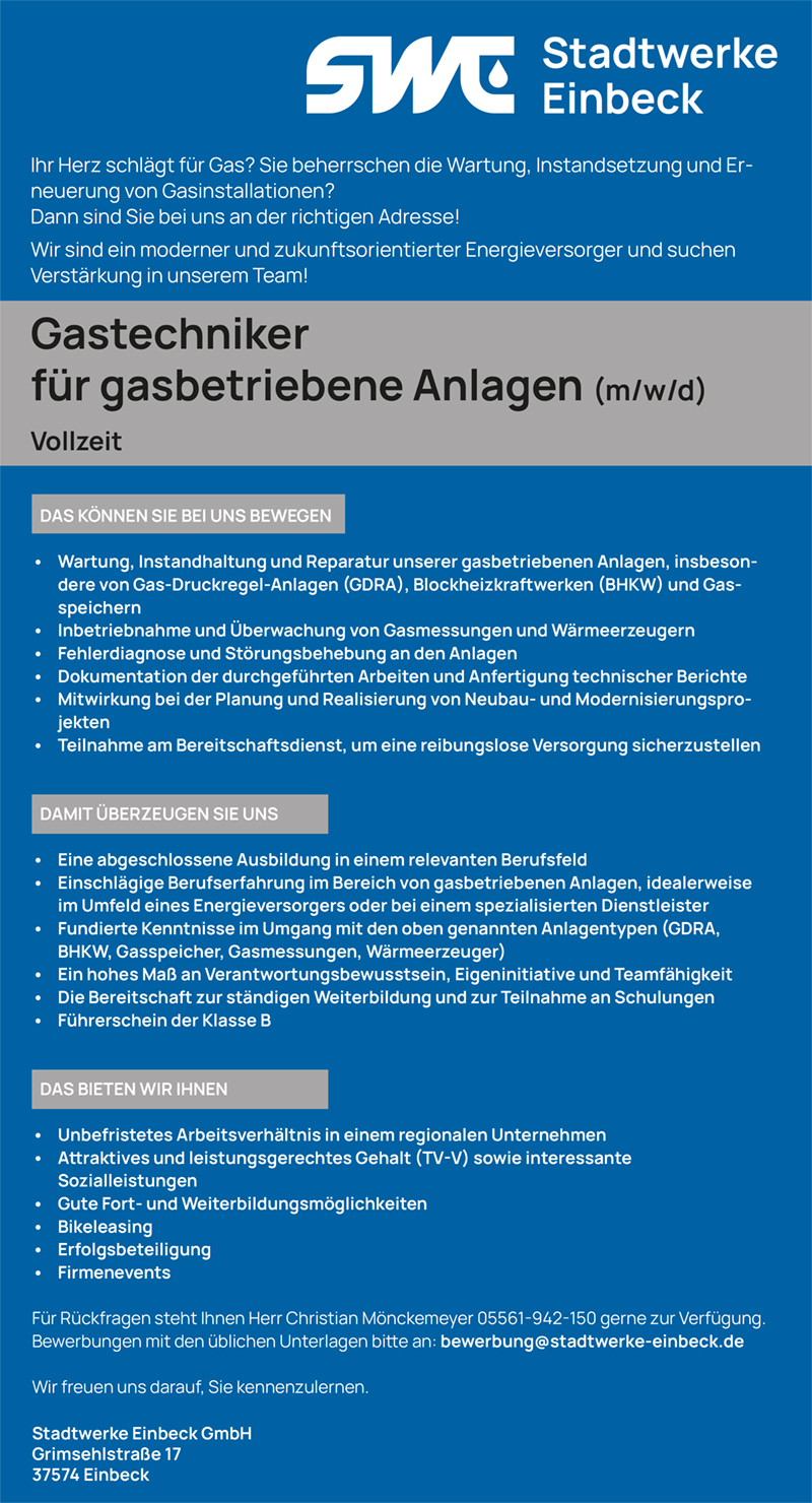 Gastechniker/in für gasbetriebene Anlagen (m/w/d) - Stadtwerke Einbeck GmbH