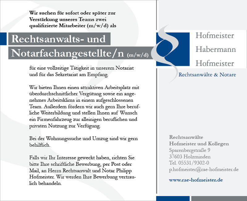 Rechtsanwalts- und Notarfachangestellte/n (m/w/d) - Rechtsanwälte Hofmeister und Kollegen