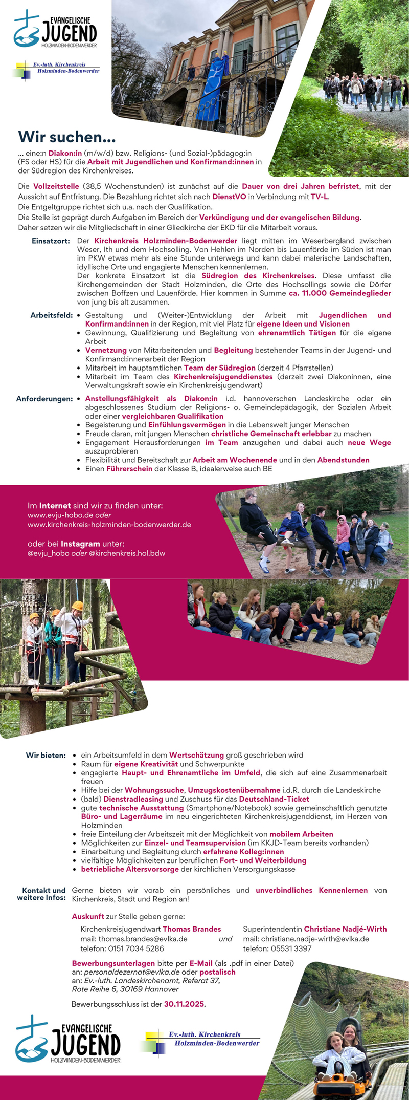Diakon/in (m/w/d) für die Arbeit mit Jugendlichen und Konfirmand/innen - Ev.-Luth. Kirchenkreisverband Hameln-Holzminden - Kirchenamt