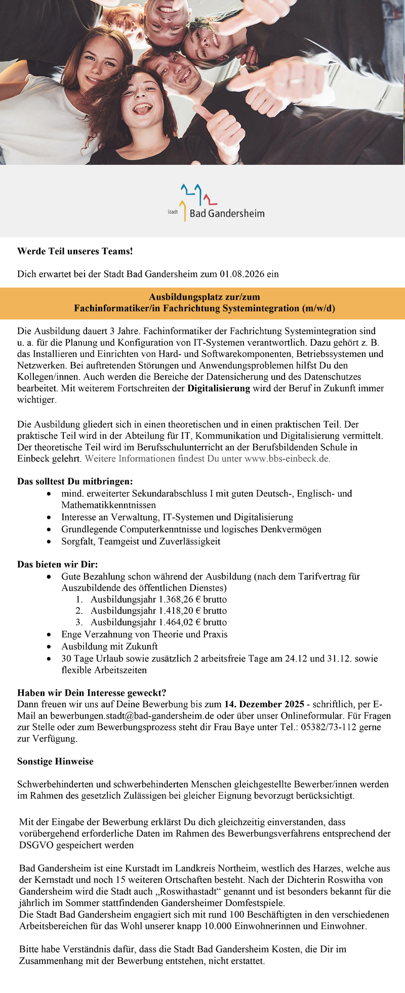 Ausbildung zum/zur Fachinformatiker/in Fachrichtung Systemintegration (m/w/d) - Stadt Bad Gandersheim