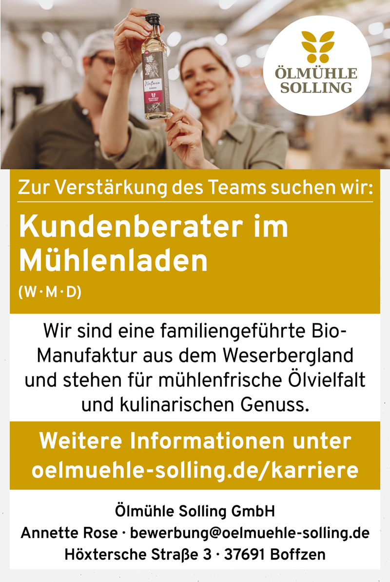 Kundenberater/in im Mühlenladen (m/w/d) - Ölmühle Solling