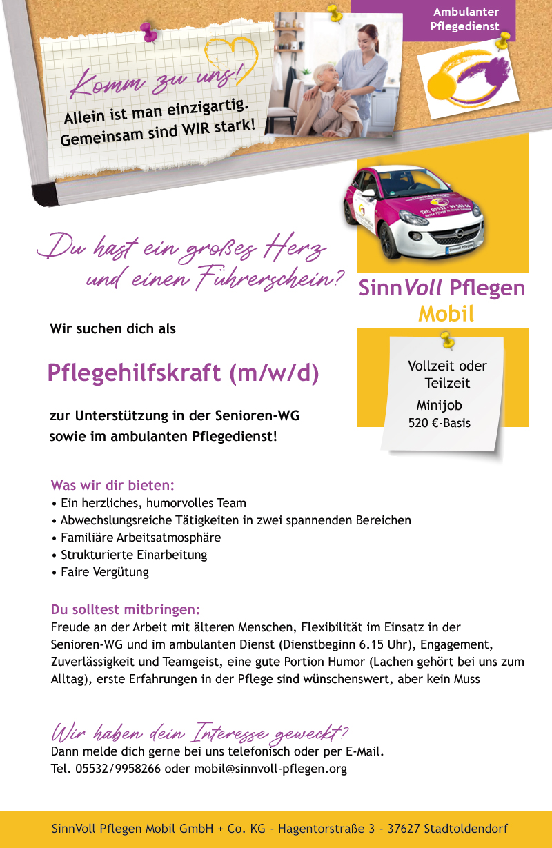 Pflegehilfskraft (m/w/d) - SinnVoll Pflegen Mobil GmbH + Co. KG 