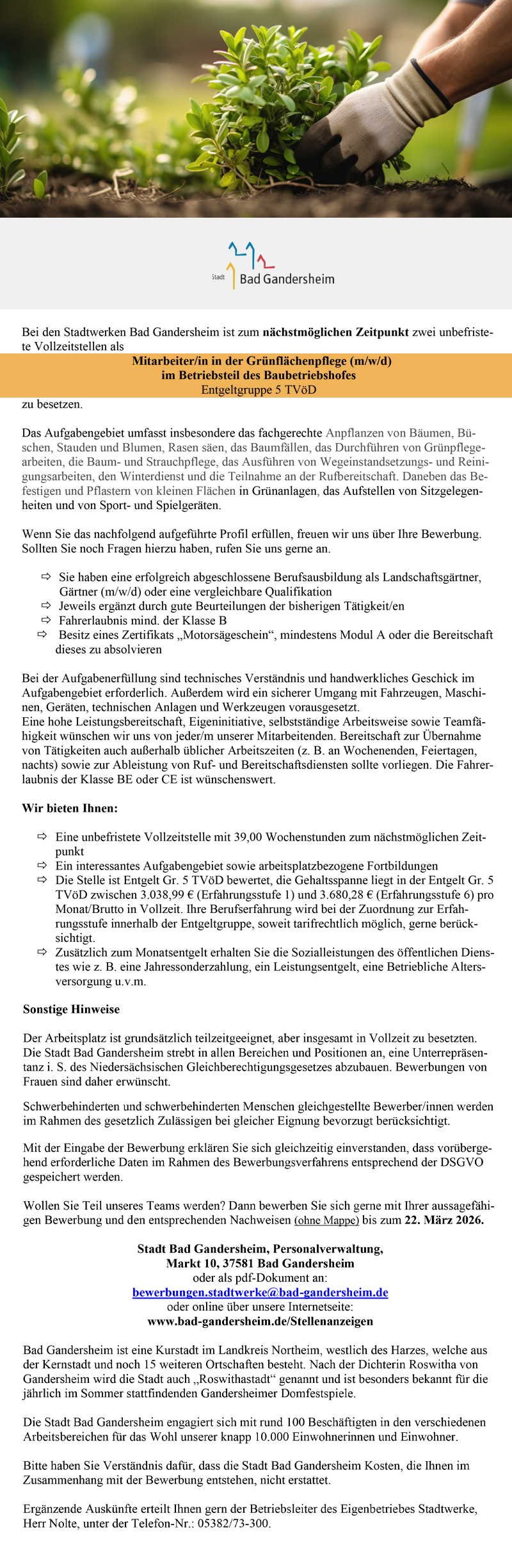 Mitarbeiter/in in der Grünflächenpflege (m/w/d) - Stadt Bad Gandersheim