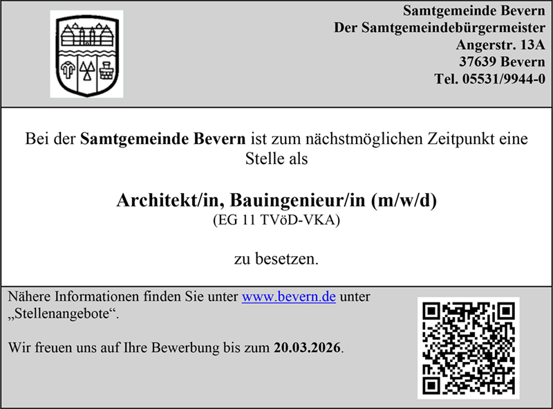 Architekt/in,  Bauingenieur/in (m/w/d) - Samtgemeinde Bevern
