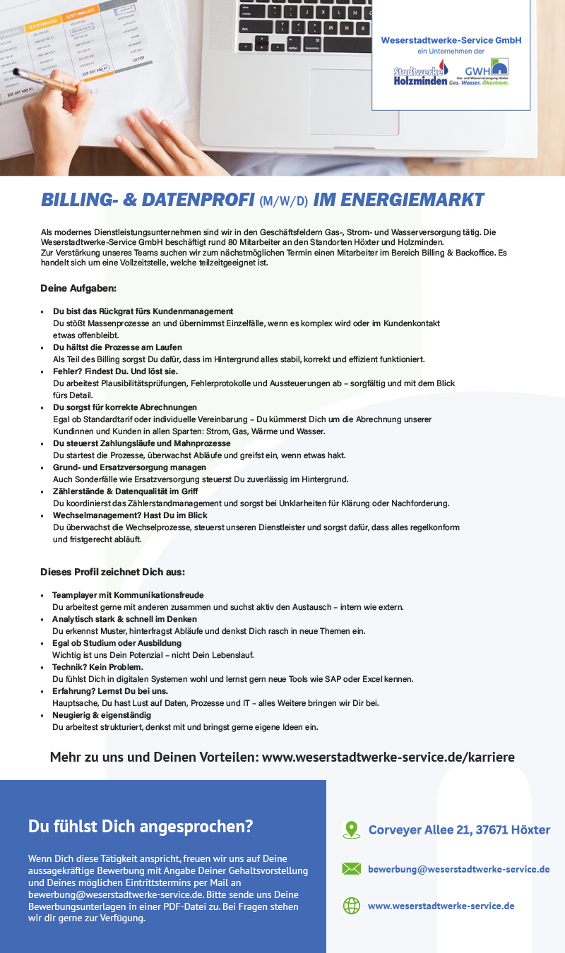 Billing- & Datenprofi im Energiemarkt (m/w/d) - Weserstadtwerke Service GmbH 