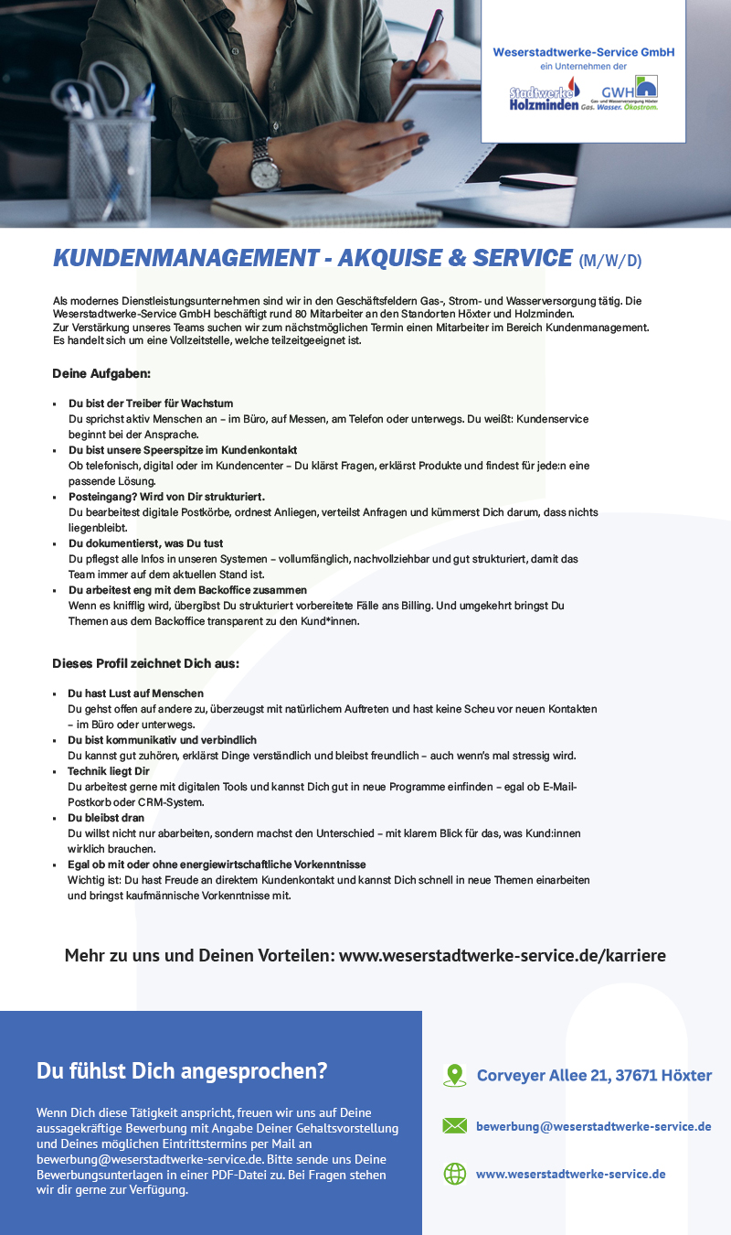 Kundenmanagement - Akquise und Service (m/w/d) - Weserstadtwerke Service GmbH