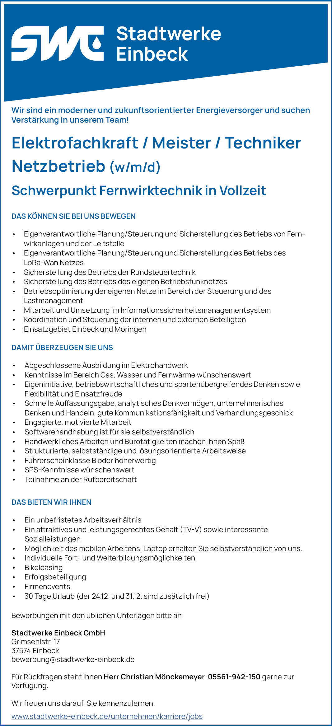Elektrofachkraft / Meister / Techniker Netzbetrieb (w/m/d) - Stadtwerke Einbeck GmbH 