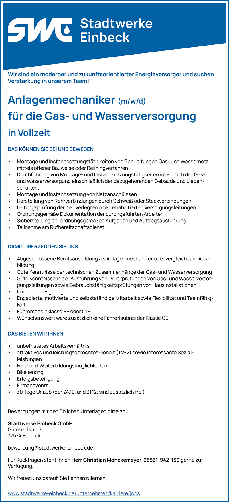 Anlagenmechaniker/in für die Gas- und Wasserversorgung (m/w/d) - Stadtwerke Einbeck GmbH