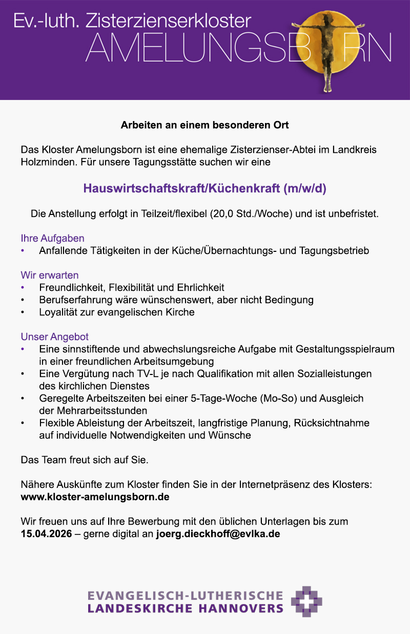 Hauswirtschaftskraft/Küchenkraft (m/w/d) - Ev.-luth. Zisterzienserkloster Amelungsborn