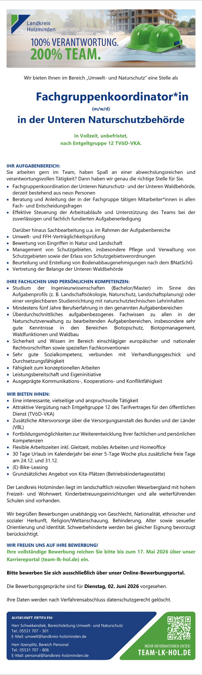 Fachgruppenkoordinator/-in (m/w/d) in der Unteren Naturschutzbehörde - Landkreis Holzminden